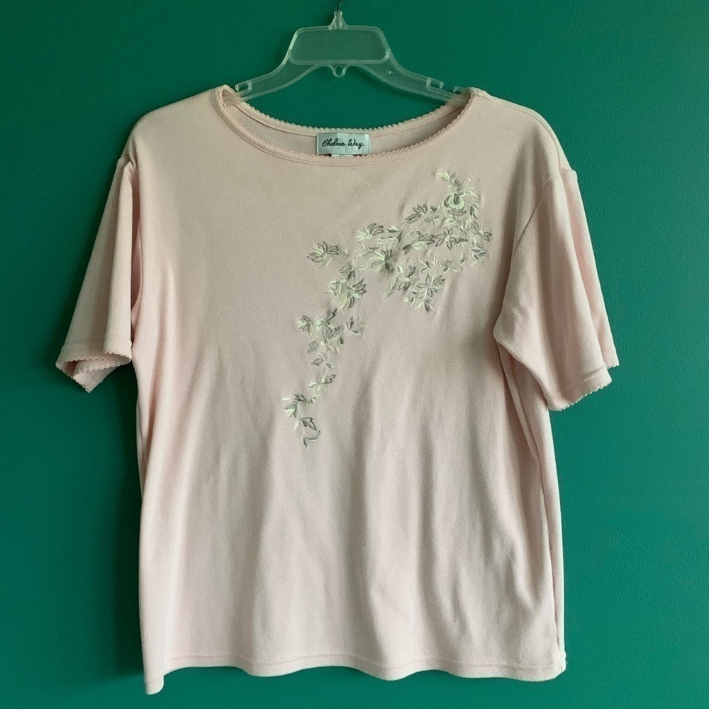 Vintage Top Short Sleeve Pink Grandma Floral Embroidered Shirt Tee Women sz XL